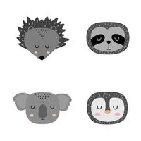 Set of cute hand drawn slleping animals - hedgehog, sloth, koala and penguin. Cartoon zoo. Vector illustration. Animals for the design of children's products in scandinavian style.