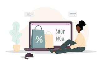 Woman shopping. Happy african girl shop at an online store. Vector cartoon illustration isolated on white background. Promotion and sale template.