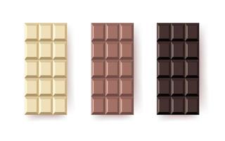 Different chocolate bar icons. White, milk and bitter chocolate. Flat dessert and sweet. Vector illustration in cartoon style.