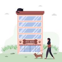 Pets hotel. Veterinary hospital services and domestic animals hotels. Dogs grooming and health check center. Vet clinic, robotic pet sitters metaphors. Vector illustrations in flat style.