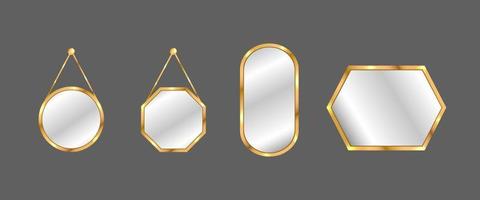 Hanging mirrors set. Circle and square mirrors with golden frame. vector