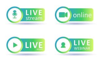 Set of live streaming icons. Gradient symbols and buttons of live streaming, broadcasting, online webinar. Label for tv, shows, movies and live performances. Vector flat illustration. EPS10.