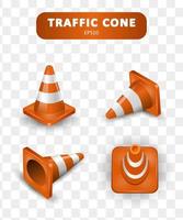 Traffic cones collection. Isometric set of icons for web design isolated on white background. Realistic vector illustration.