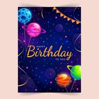 Happy Birthday. Space and universe background with realistic golden serpentine and cute planets. Typography design for greeting card, poster or banner. Vector illustration.