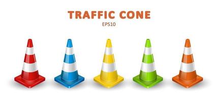 Traffic cones collection. Isometric set of colorful icons for web design isolated on white background. Realistic vector illustration.