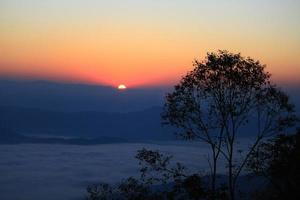Beautiful golden natural sunlight and twiligh of sunrise shining to in the mist on valley of mountain in Thailand photo