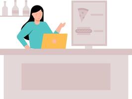 The girl is standing at the food counter. vector