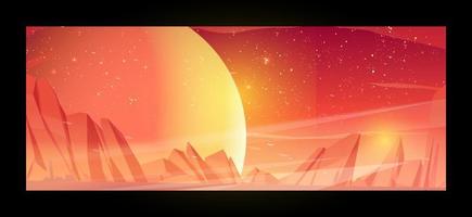 Alien planet surface, futuristic landscape background with glowing moon or satellite above rock cliff in dark starry sky. Fantasy mountains, book or computer game scene, Cartoon vector illustration