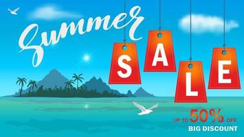 Discount End of season banner on beautiful beach with tropical island. Shopping promotion template for summer season. vector