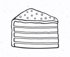 Hand drawn doodle of a piece of multilayered cake with glaze cream and sugar dragees vector