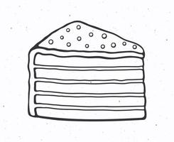 Hand drawn doodle of a piece of multilayered cake with glaze cream and sugar dragees vector