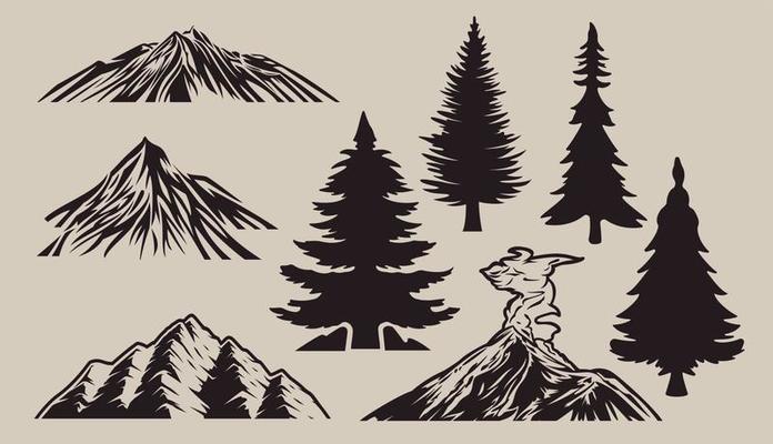 Set vector illustration trees and mountains, volcano