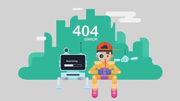 Animé 404 Erreur page modèle. garçon séance avec bot et en buvant jus. bouclable vidéo sur transparent Contexte. video