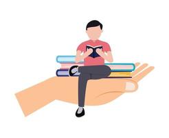 man reading a book over giant hand. read a book. reading book concept. world book day vector