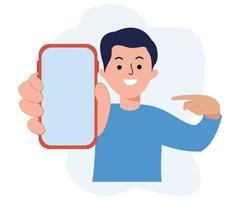 man showing smartphone template. man hold smartphone. blank screen smartphone template vector