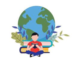 man reading a book against globe background. read a book. reading book concept. world book day vector