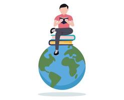 man sitting on book and globe. book reading concept. world book day vector