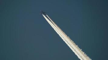 loin jet avion de ligne en volant haute dans le ciel en quittant traînées dans le clair bleu ciel. air transport concept video