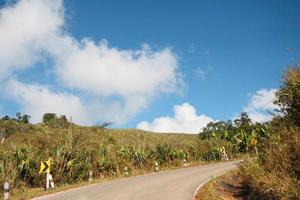 amarillo firmar etiqueta advertencia de la carretera en el montaña en Tailandia foto