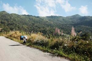 vida de colina tribu agricultores caminando en país la carretera en el montaña en Tailandia foto