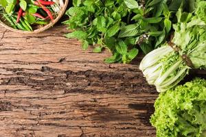 peppermint, sweet basil, lettuce and chilli on wood background photo