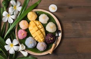 mango with sticky rice on wood photo