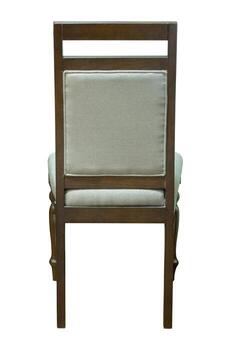 espalda ver de de madera silla con tela asiento aislado en blanco antecedentes con recorte camino foto