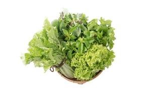 peppermint, sweet basil, lettuce in bamboo basket isolated photo