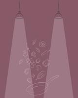 Burgundy background on the theme of the restaurant, a sketch of hand-drawn outlines of a frying pan and vegetables, cooking vector