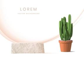 Podio de crema marrón simulado en 3d con mini tema de desierto de cactus y arena. pedestal para presentación de productos y cosméticos. escena colorida abstracta para publicidad. fondo de promoción de venta. vector