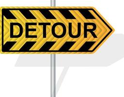 Black And Yellow Warning Sign Showing Direction For Detour vector