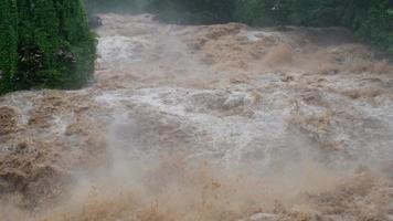 cascata cataratta nel foresta montagne. sporco flussi siamo fluente giù il montagna versante di il montagna foresta dopo pesante piove nel Tailandia. fiume alluvione, selettivo messa a fuoco. video