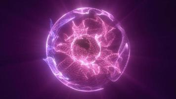 Abstract purple looped energy particle sphere glowing electric magical futuristic high-tech space, 4k video, 60 fps video
