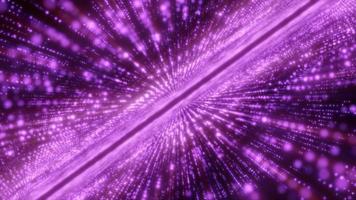 Abstract purple energy hi-tech lines and digital particles fly in a tunnel with bokeh effect glowing background, 4k video, 60 fps video