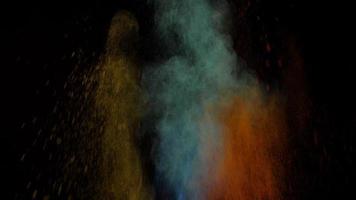 three colored powder explores and rising from bottom, good for energetic scene, video overlay or background