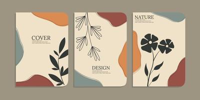 set of book cover designs with hand drawn foliage decorations. abstract retro botanical background.size A4 For notebooks, diary, schoolbook, planners, brochures, books, catalogs vector