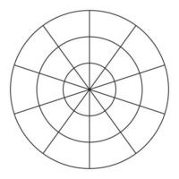 Polar grid of 10 segments and 2 concentric circles. Coaching tool.  Wheel of life template. Circle diagram of lifestyle balance. Vector blank polar graph paper.