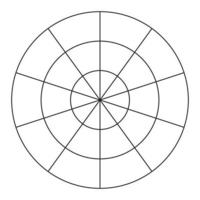 Polar grid of 10 segments and 2 concentric circles. Coaching tool.  Wheel of life template. Circle diagram of lifestyle balance. Vector blank polar graph paper.