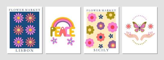 Set of 70s retro posters. Groovy flowers, flower market, retro vintage lettering. Mystic hands, butterfly, rainbow. Poster, flyer, card, banner design. Background. Nostalgia vector