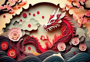 illustration of paper cut craft, quilling multi dimensional Chinese style, zodiac dragon with lanterns and cherry blossoms in background, chinese new year. photo