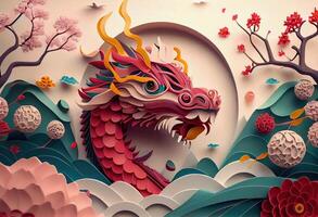 illustration of paper cut craft, quilling multi dimensional Chinese style, zodiac dragon with lanterns and cherry blossoms in background, chinese new year. photo