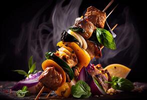 generativo ai ilustración de ensartado shish brocheta, kebabs - A la parrilla carne brochetas, vegetales en negro de madera antecedentes. carne brochetas en un parilla foto