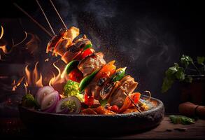 illustration of skewered shish kebab, Kebabs - grilled meat skewers, vegetables on black wooden background. Meat skewers in a barbecue photo