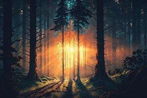 illustration of sunrise in the forest photo