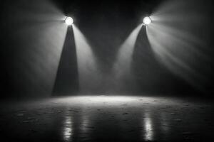 Generative AI illustration of spotlights shine on stage floor in dark room, mist drift around, idea for background, backdrop mock up photo