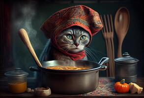 illustration of cute cat with cooking hat cooking soup at a restaurant, dark colors, colorful photo