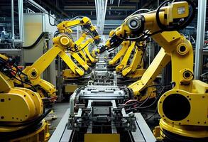 illustration of smart factory, robotic arm, industry 5.0, car assembly line, car manufacturer, 3D Robot automated team working, future process futuristic industry engineering background photo