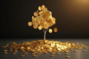 illustration of golden gold coin tree has coins as leaves that fall on ground, idea for limitless income, wealth and prosperity, rich and successful business growth photo