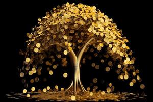 illustration of golden gold coin tree has coins as leaves that fall on ground, idea for limitless income, wealth and prosperity, rich and successful business growth photo