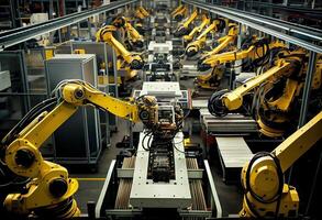 illustration of smart factory, robotic arm, industry 5.0, car assembly line, car manufacturer, 3D Robot automated team working, future process futuristic industry engineering background photo